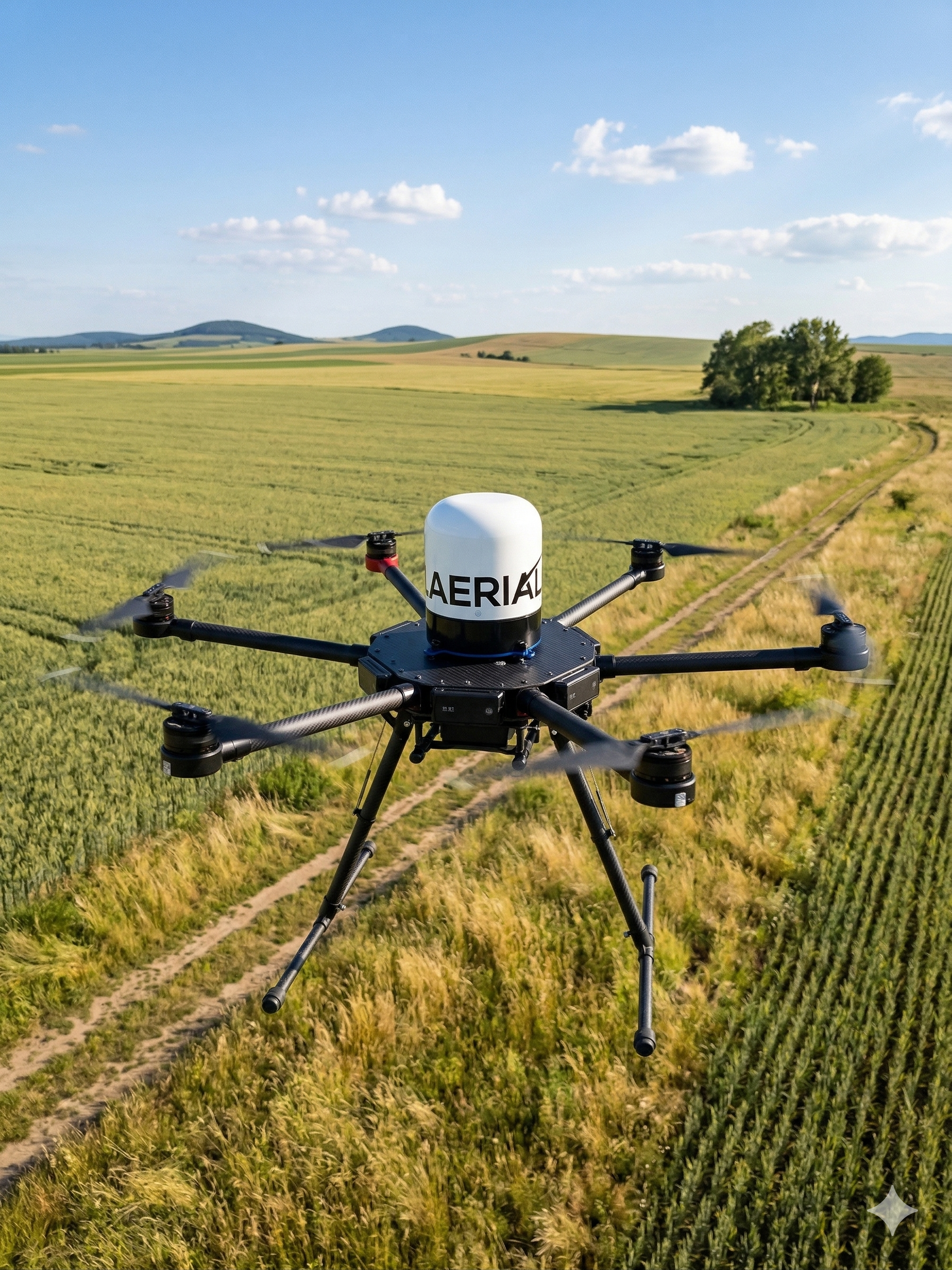 SkyEdge 7 satellite terminal on a multirotor drone in flight over farmland